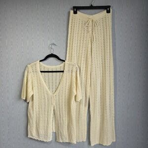 Women's 2 Piece Open Knit Set M Top Pants Wide Leg Short Sleeve Ivory Sheer Boho